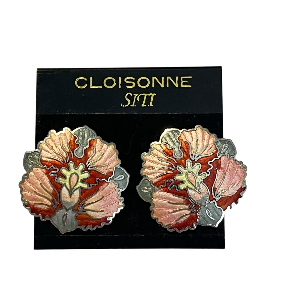 Vintage Cloisonne Floral Asain Earrings Pierced